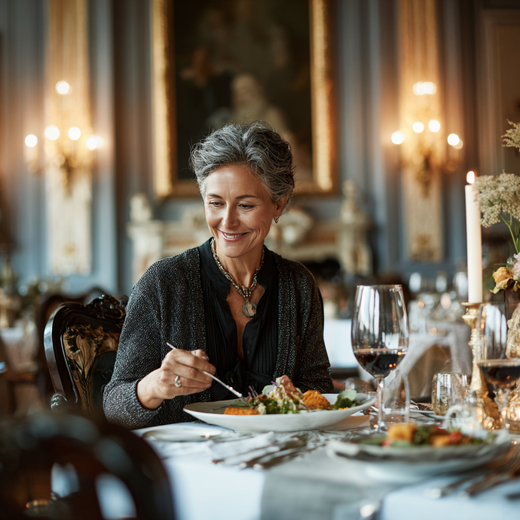 Жена на 52 години се наслаждава на красиво сервирано здравословно ястие в елегантна трапезария