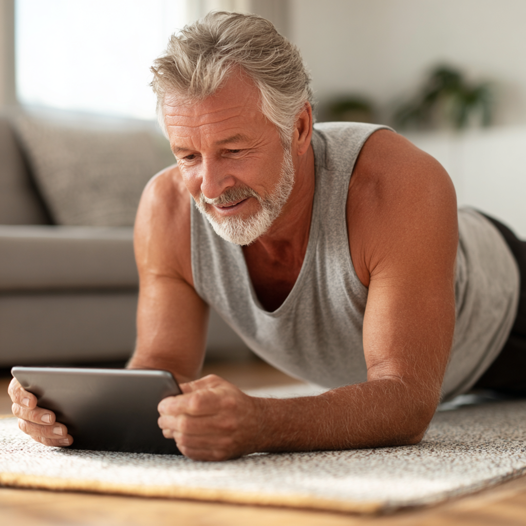 Мъж на 60 години прави физически упражнения в дома си следвайки мобилно приложение на таблет